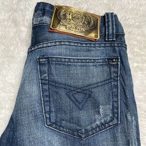 Vintage Roberto Cavalli Just Cavalli Blue Distressed Jeans Gold Logo Plate Sz 26